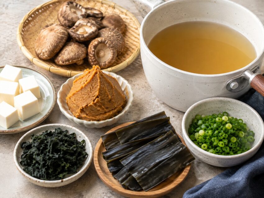 Składniki do przygotowania domowej zupy miso Składniki do zupy miso: pasta miso, tofu, wodorosty wakame, grzyby shiitake i zielona cebulka