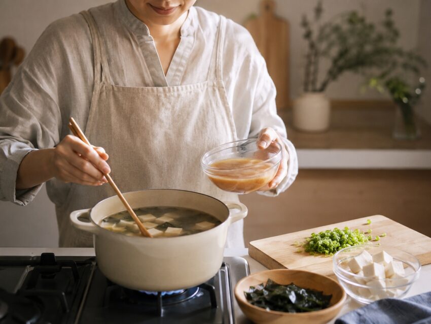 Jak przygotować zupę miso z tofu Przygotowanie japońskiej zupy miso z tofu i wodorostami w kuchni