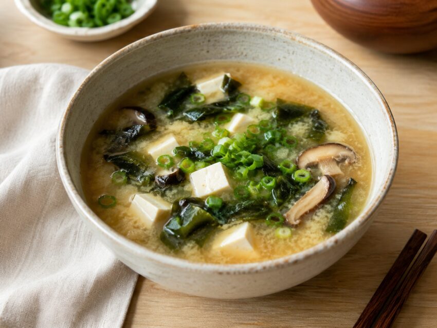 Japońska zupa miso z grzybami i tofu Zupa miso z tofu, grzybami shiitake, wodorostami i zieloną cebulką w jasnej misce